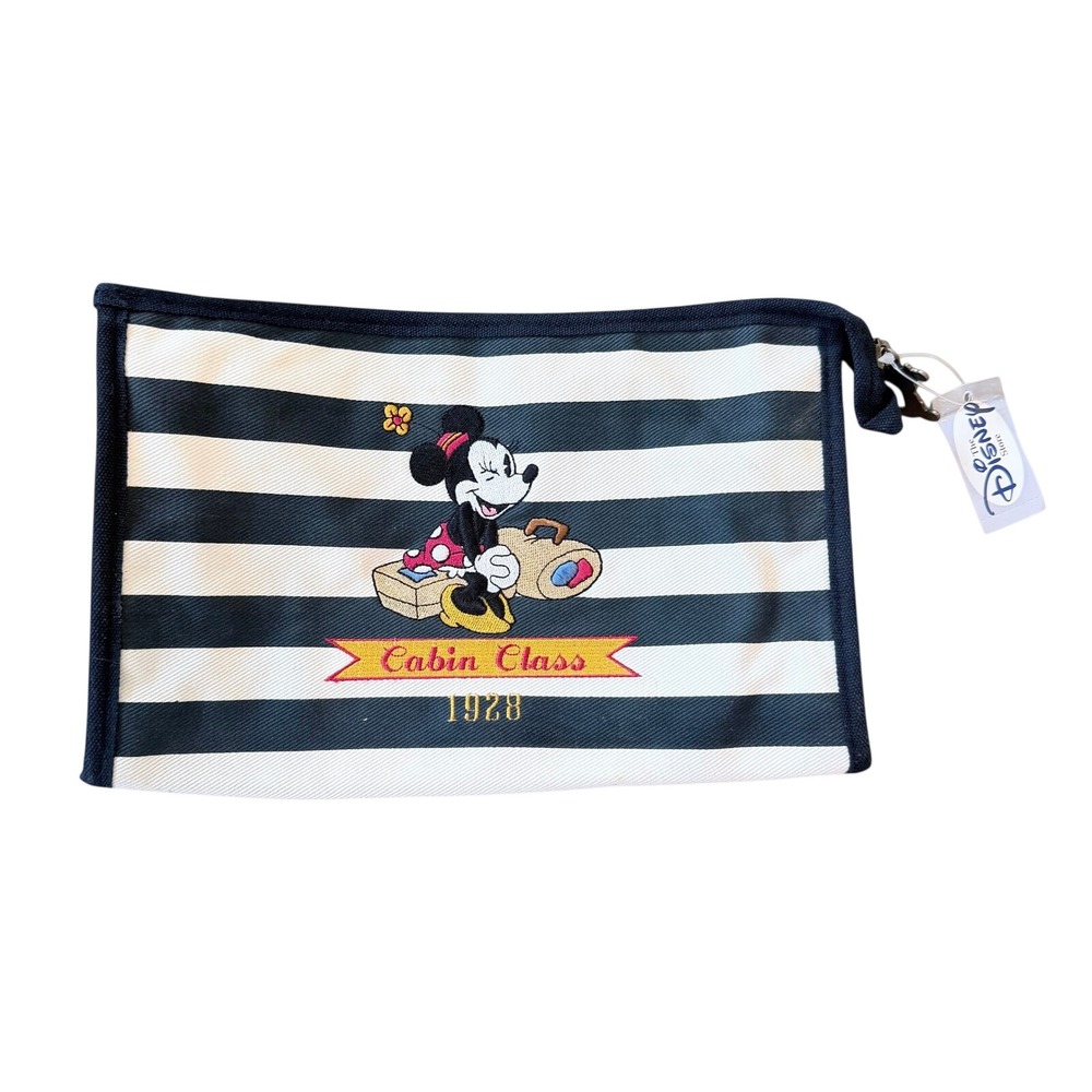 Disney Store Cabin Class Minnie Mouse 1928 Striped Cosmetic Bag Navy White NWT - Picture 1 of 6